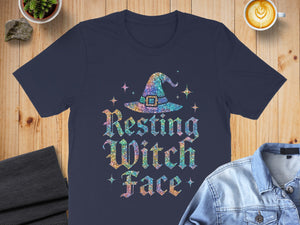 Navy t-shirt with a glittery witch hat and "Resting Witch Face" text.