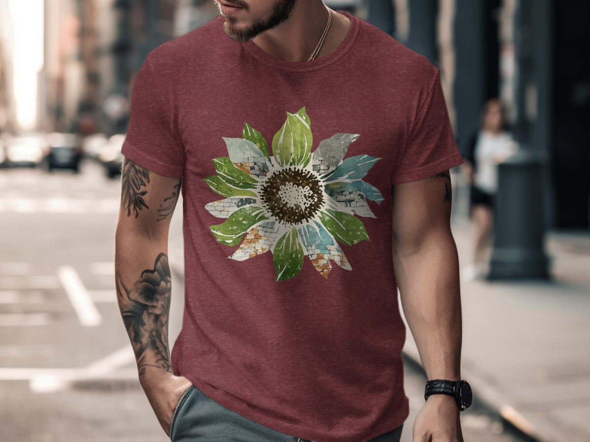 Burgundy t-shirt with a distressed sunflower graphic with brick and watercolor textures.
