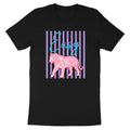 Black t-shirt with pink tiger graphic and "Easy" text on purple stripes.