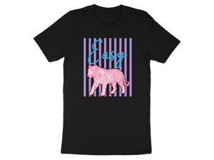 Black t-shirt with pink tiger graphic and "Easy" text on purple stripes.