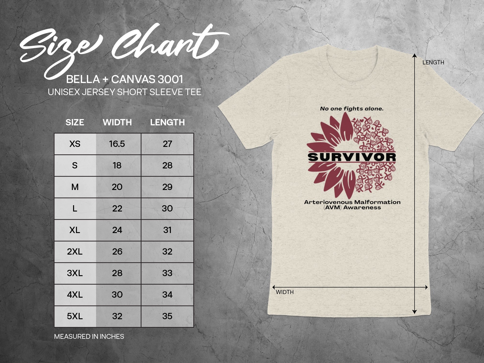 BELLA + CANVAS 3001 size chart for unisex short sleeve tee with survivor AVM awareness graphic.