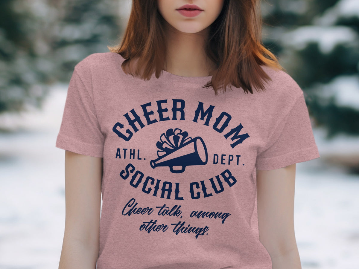Cheer Mom Social Club athletic department t-shirt with megaphone graphic.