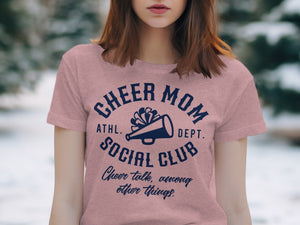 Cheer Mom Social Club athletic department t-shirt with megaphone graphic.