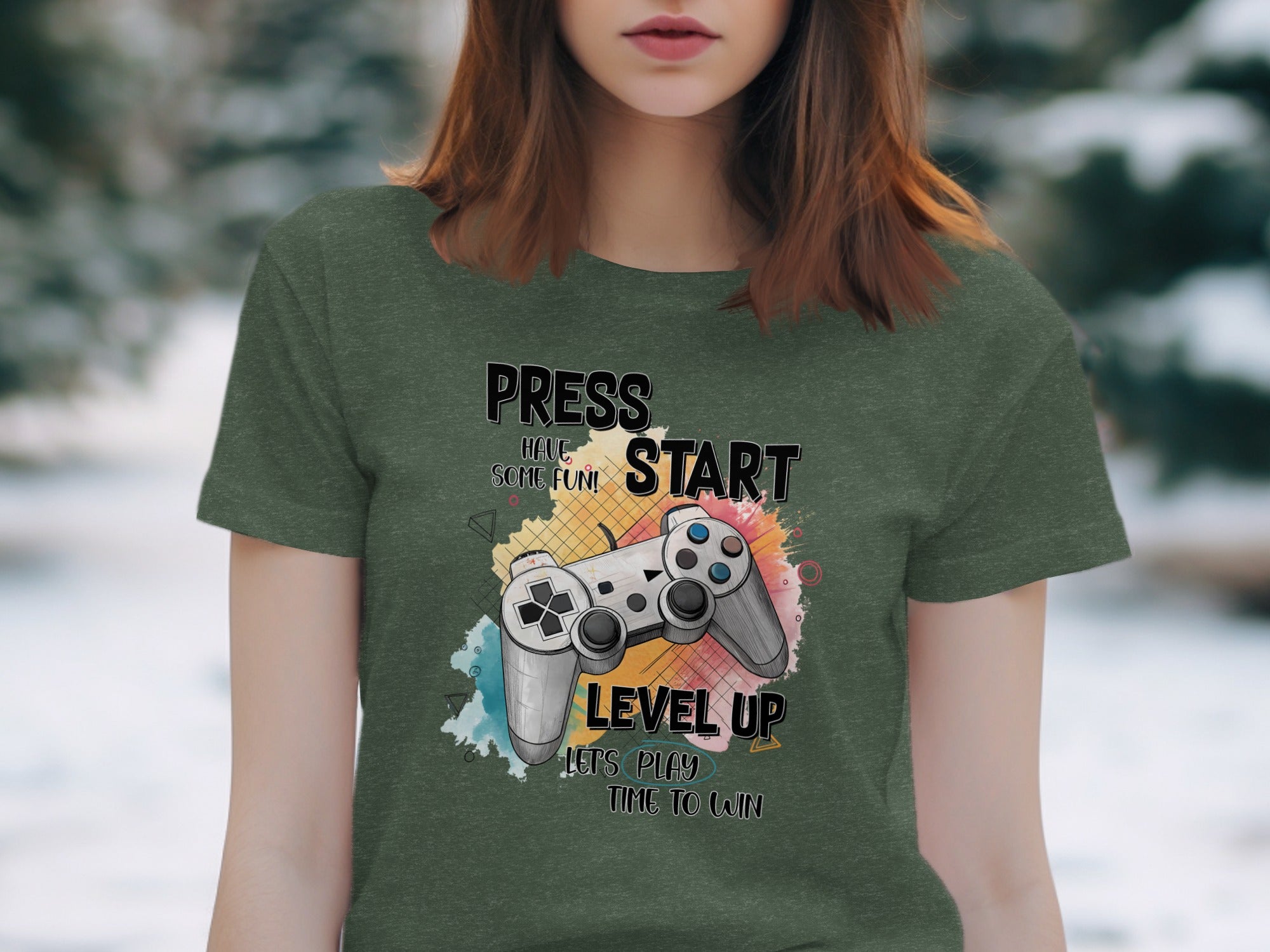 "Press Start Level Up Lets Play Time To Win" t-shirt design with video game controller.