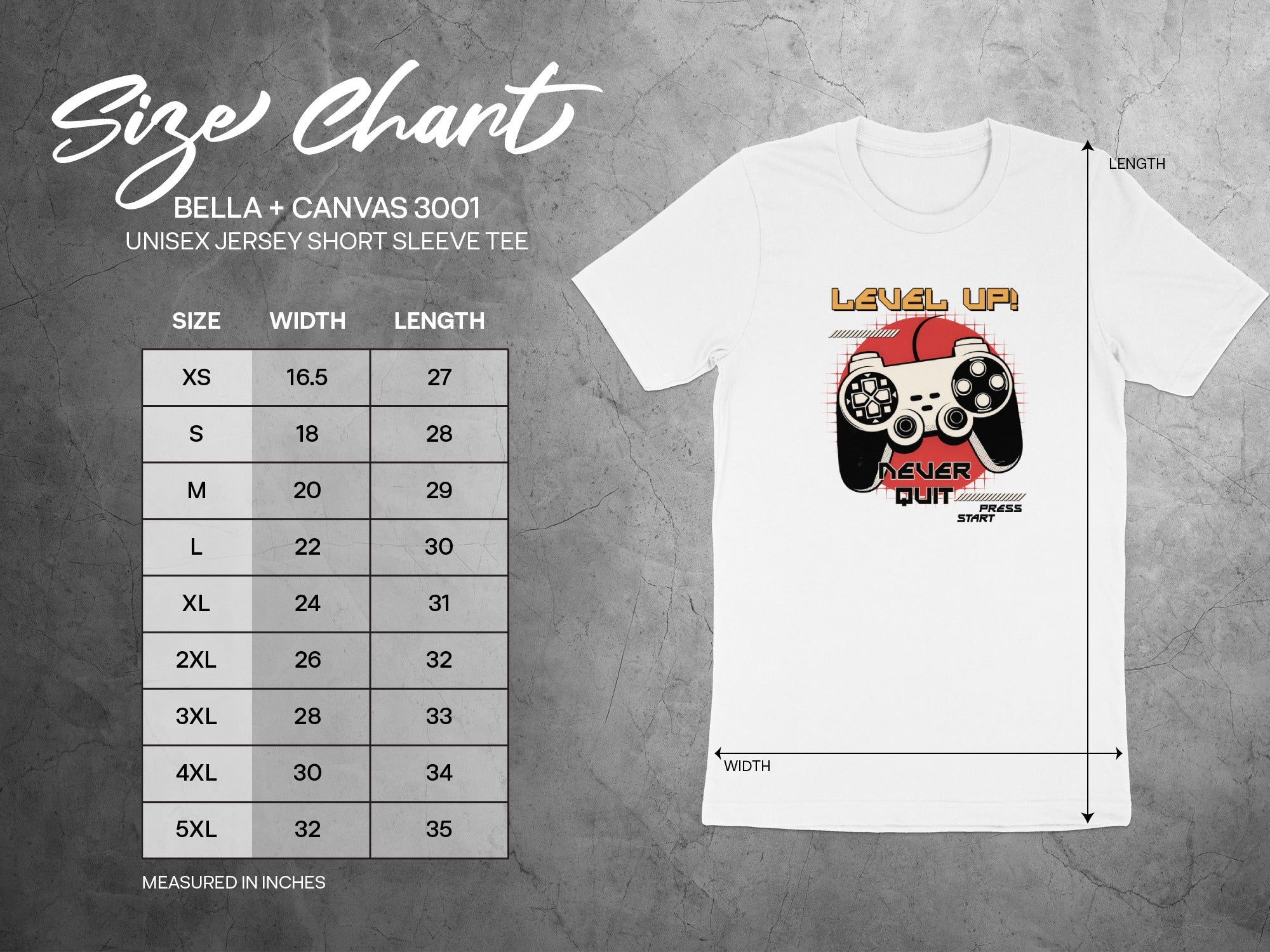 Bella + Canvas 3001 size chart showing measurements for unisex jersey short sleeve tees.