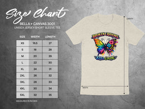 Bella + Canvas 3001 size chart with measurements for "Broken Crayons Still Color" tee.