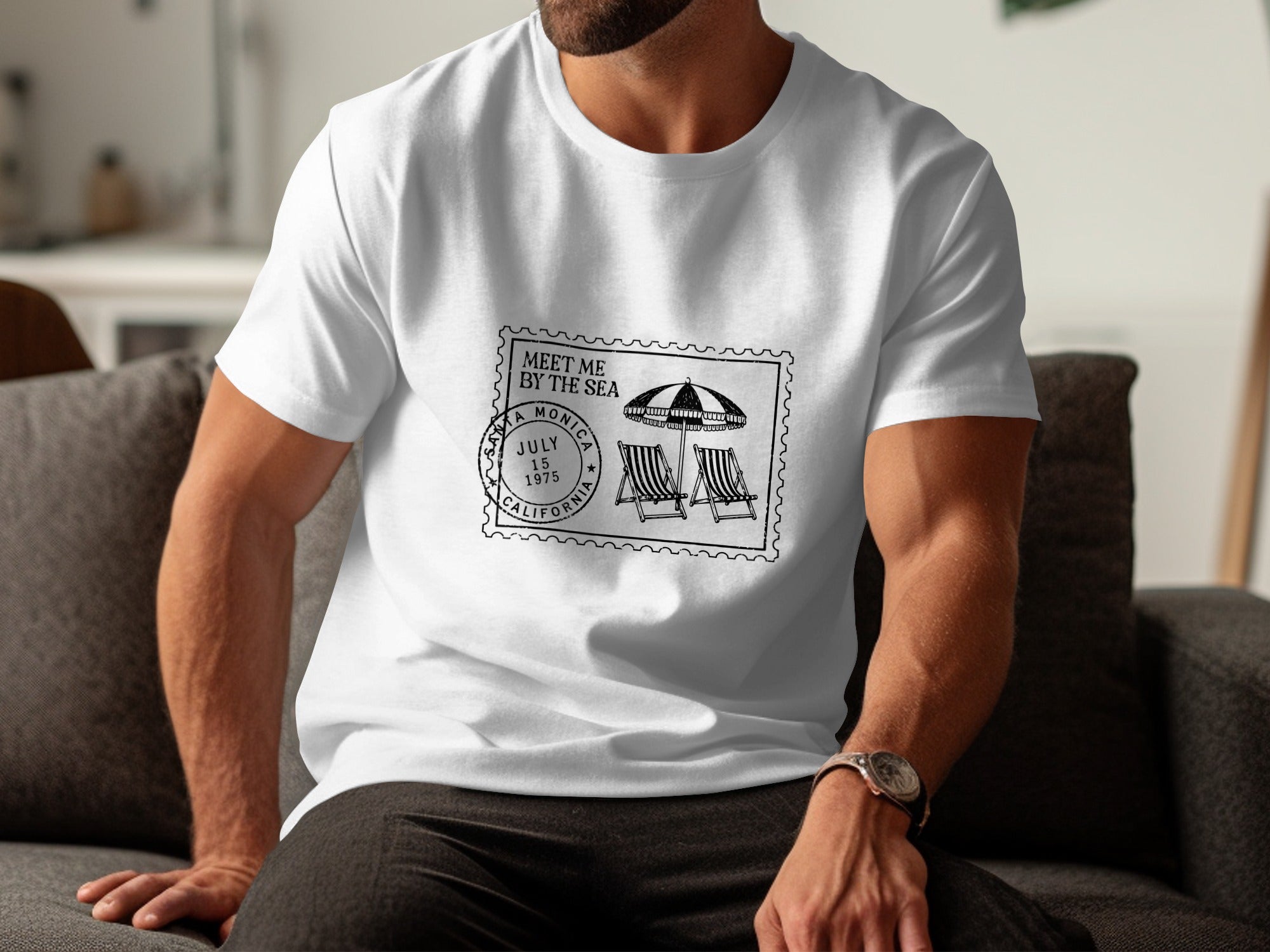 White t-shirt with vintage postage stamp design: Santa Monica, July 15, 1975.