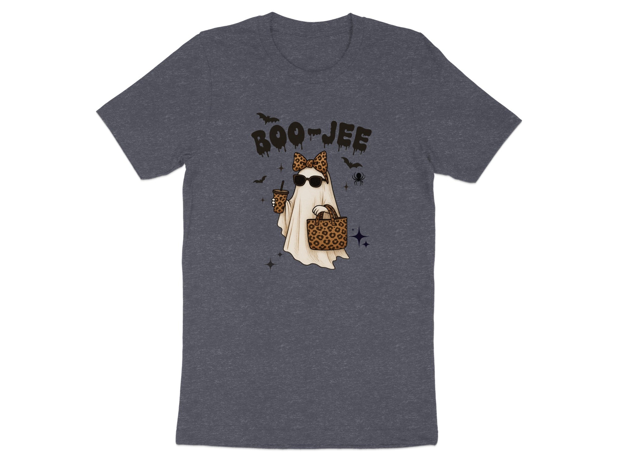 Ghost with "BOO-JEE" text, holding drink and leopard print bag.