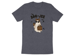 Ghost with "BOO-JEE" text, holding drink and leopard print bag.