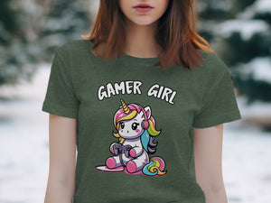 Green t-shirt with a colorful unicorn playing a video game, text says "GAZER GIRL".