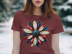 T-shirt featuring a patriotic, starry flower graphic on the front.