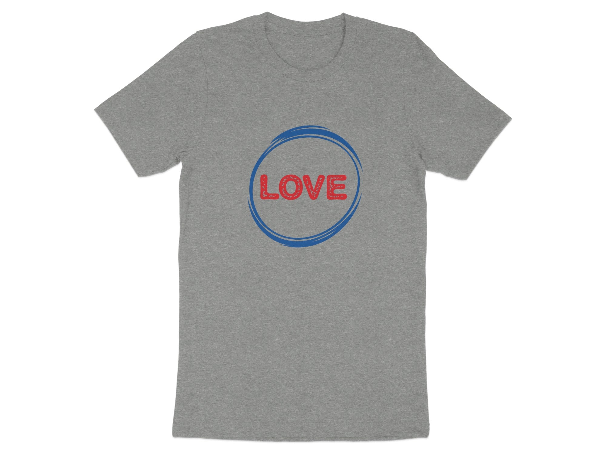 Grey t-shirt with "LOVE" in red letters inside a blue circle design.