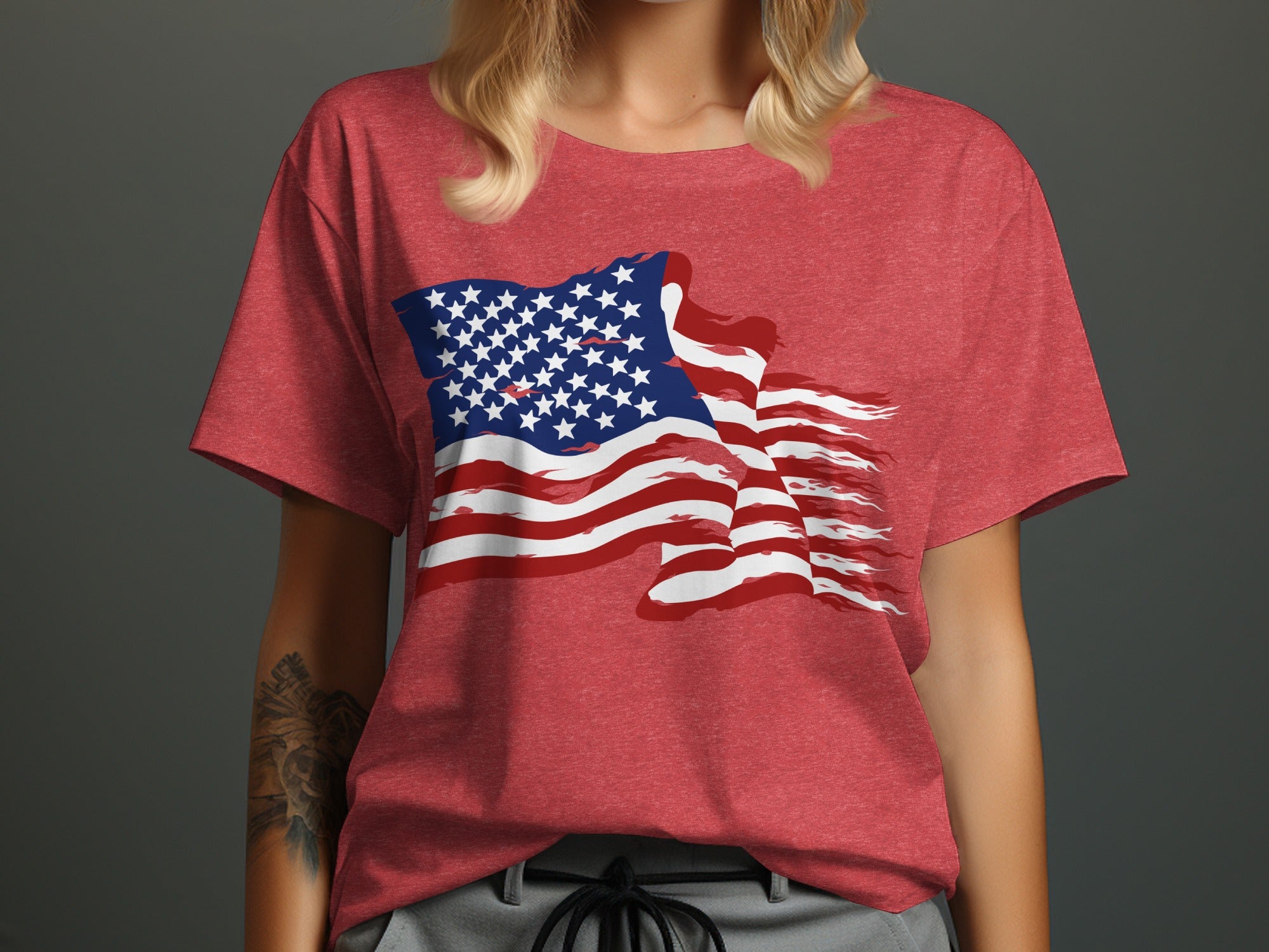 Red t-shirt with a distressed American flag graphic across the chest.
