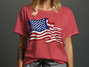 Red t-shirt with a distressed American flag graphic across the chest.