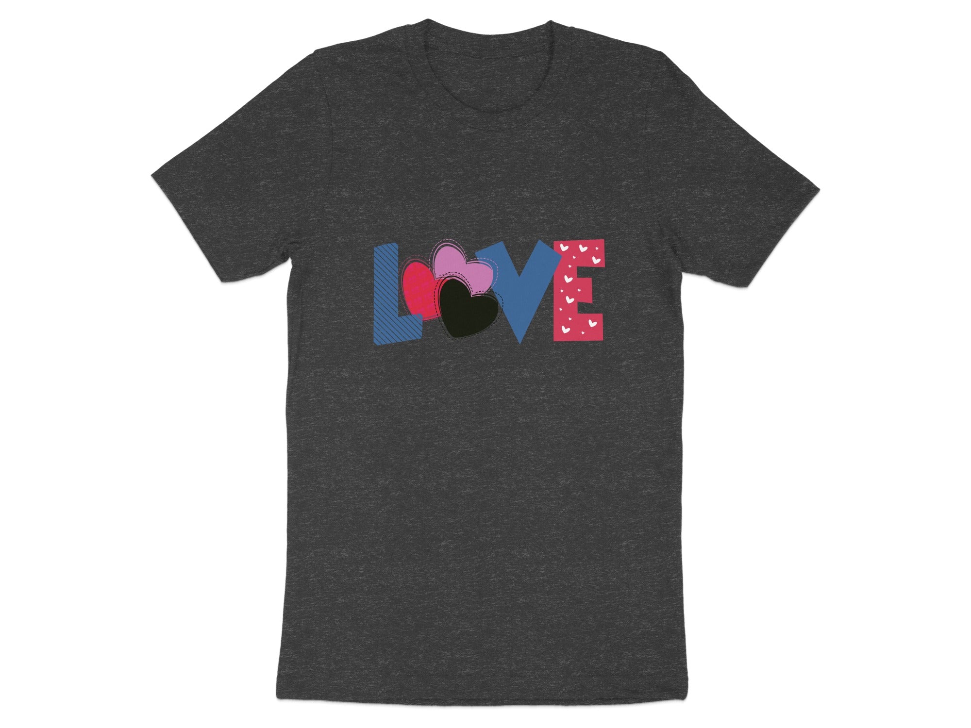 Dark grey t-shirt with "LOVE" text composed of patterned letters and hearts.
