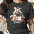 Cartoon zebra holding a wooden sign that says "Food Lover".