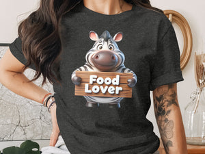 Cartoon zebra holding a wooden sign that says "Food Lover".
