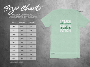 BELLA + CANVAS 3001 unisex short sleeve tee size chart with measurements in inches.