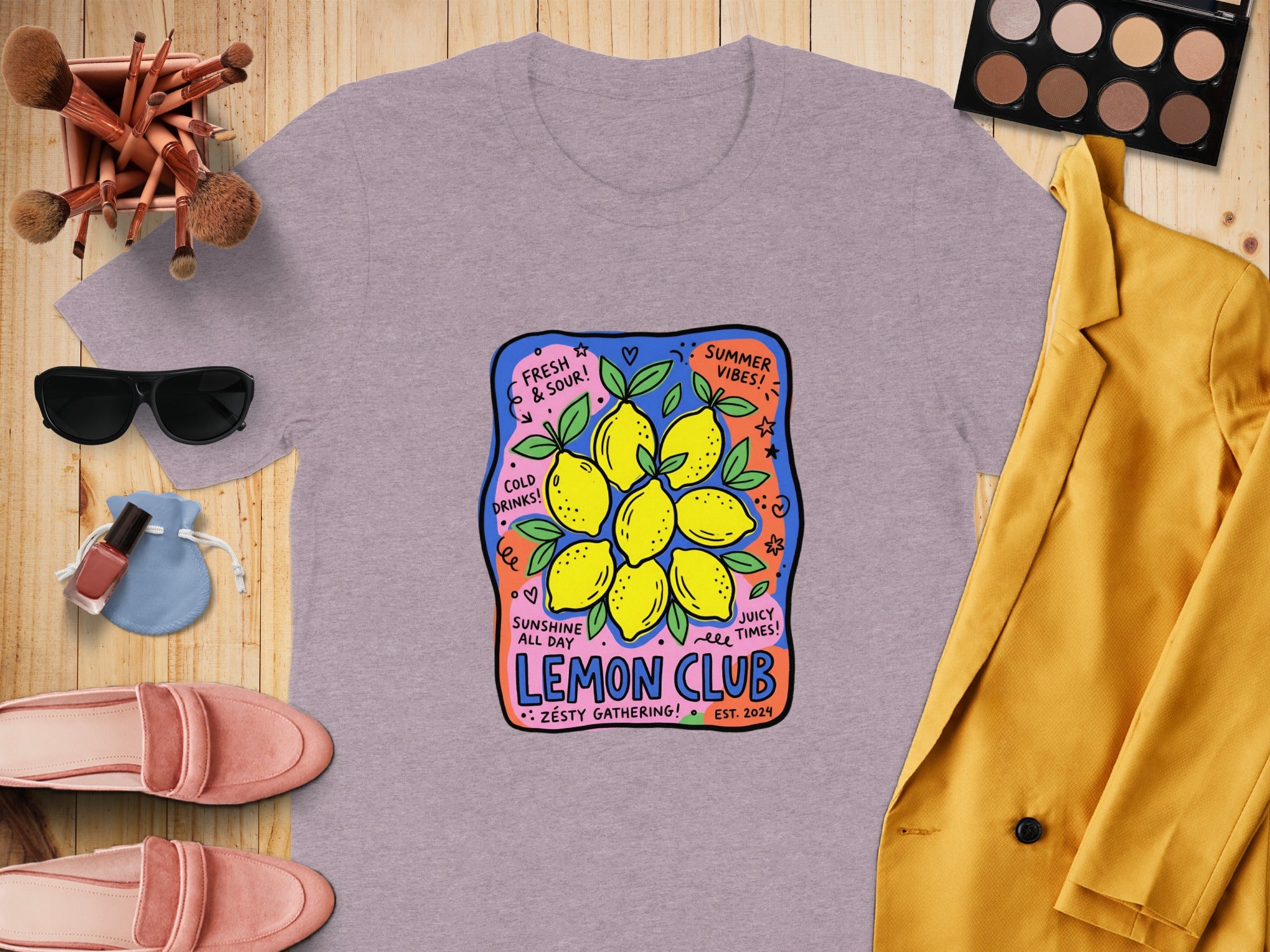 Lavender t-shirt with "Lemon Club" graphic featuring lemons and text.