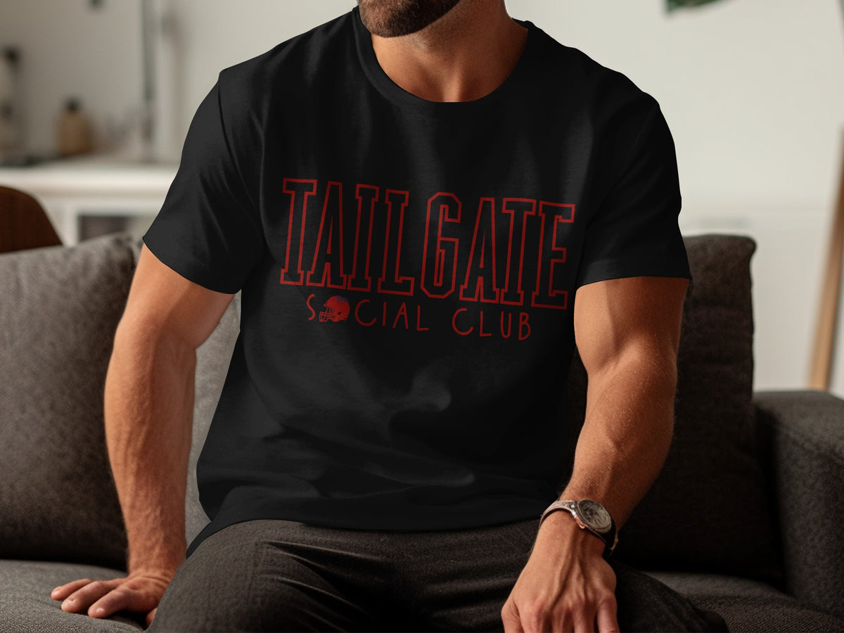 Black t-shirt with red "TAILGATE SOCIAL CLUB" text and a football helmet icon.