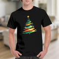 Black t-shirt with a watercolor Christmas tree design.