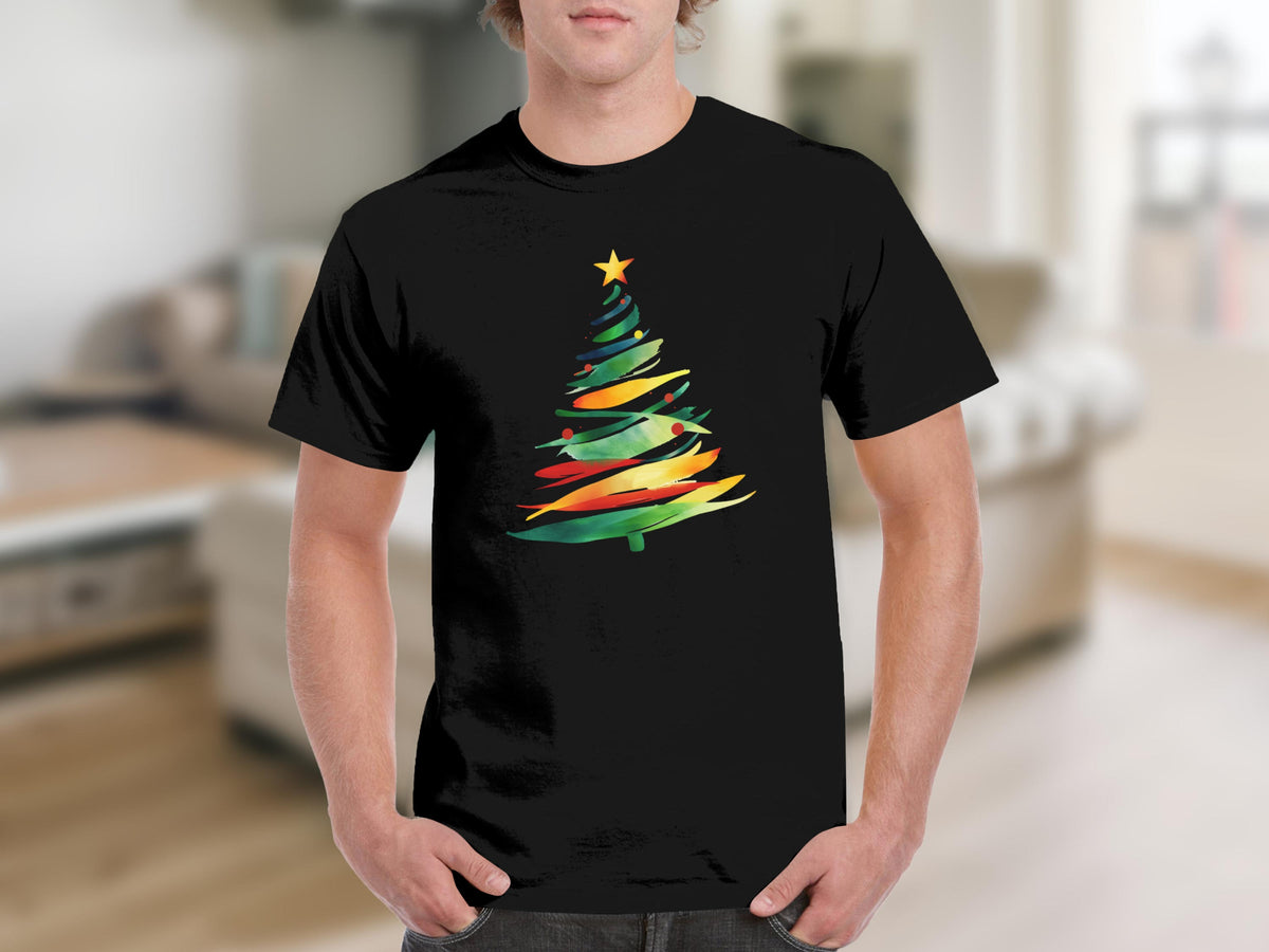 Black t-shirt with a watercolor Christmas tree design.