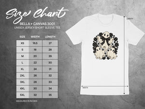 Size chart for Bella + Canvas 3001 unisex short sleeve tee, measured in inches.