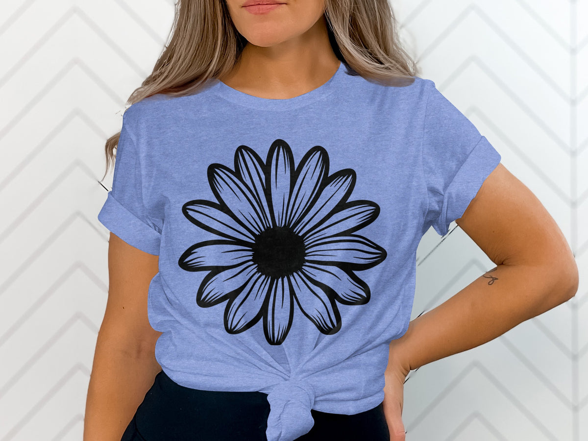 Periwinkle t-shirt with a black line drawing of a daisy on the front.