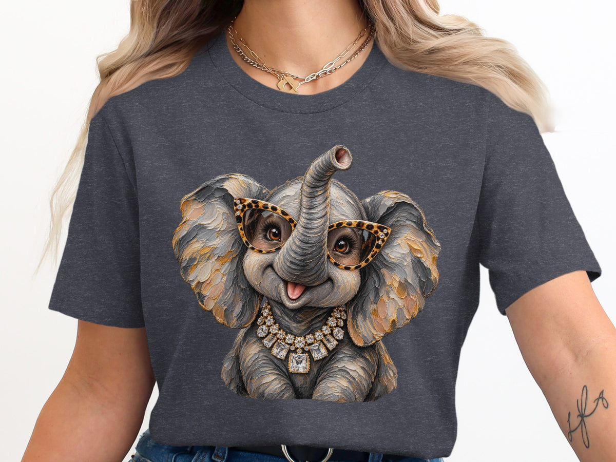 Cartoon elephant wearing glasses and jewelry on a dark grey t-shirt.