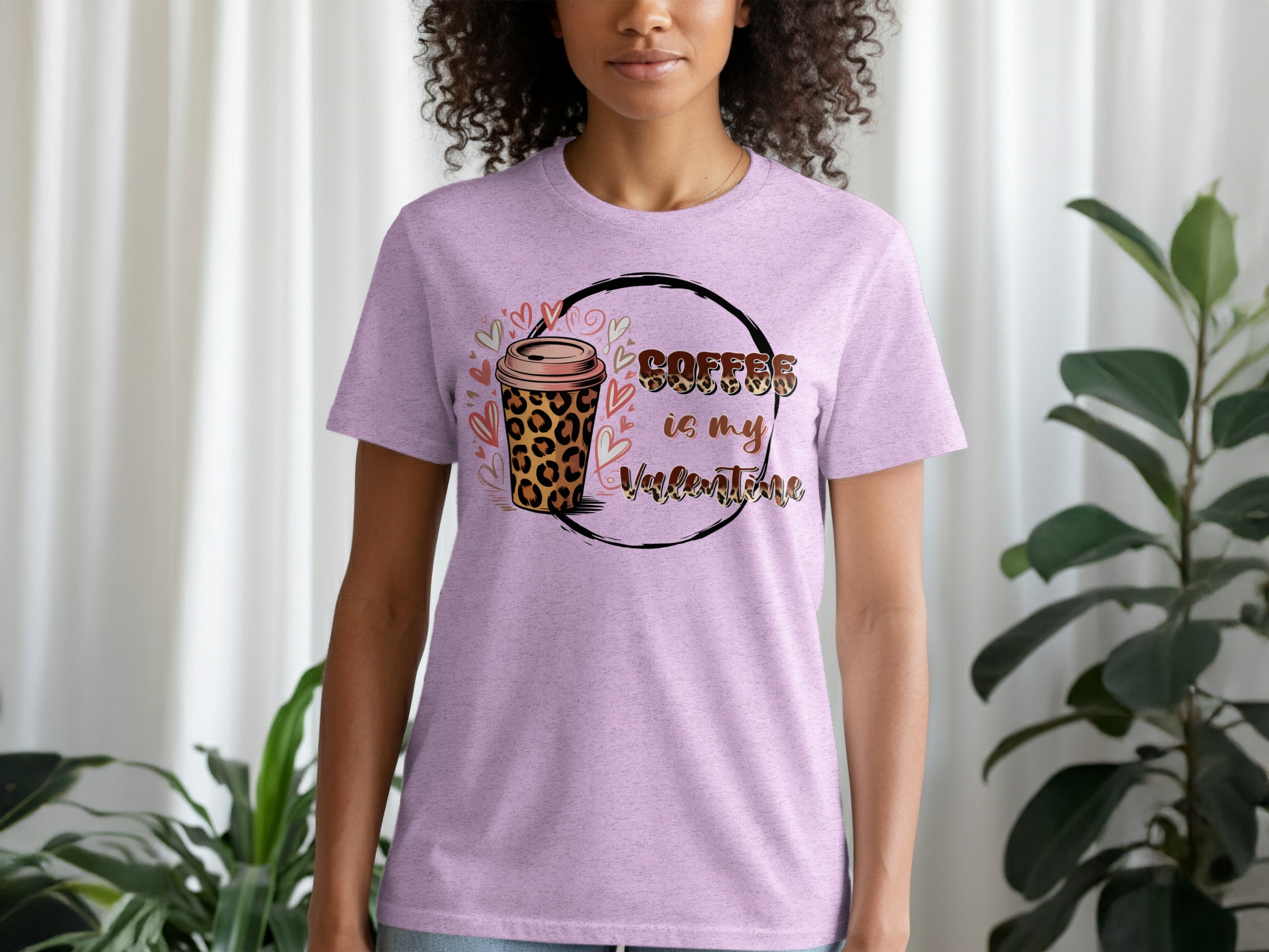 Purple t-shirt with a leopard print coffee cup and "Coffee is my Valentine" text.