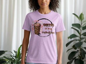 Purple t-shirt with a leopard print coffee cup and "Coffee is my Valentine" text.