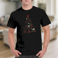 Black t-shirt with a stylized Christmas tree design featuring ornaments and holly.