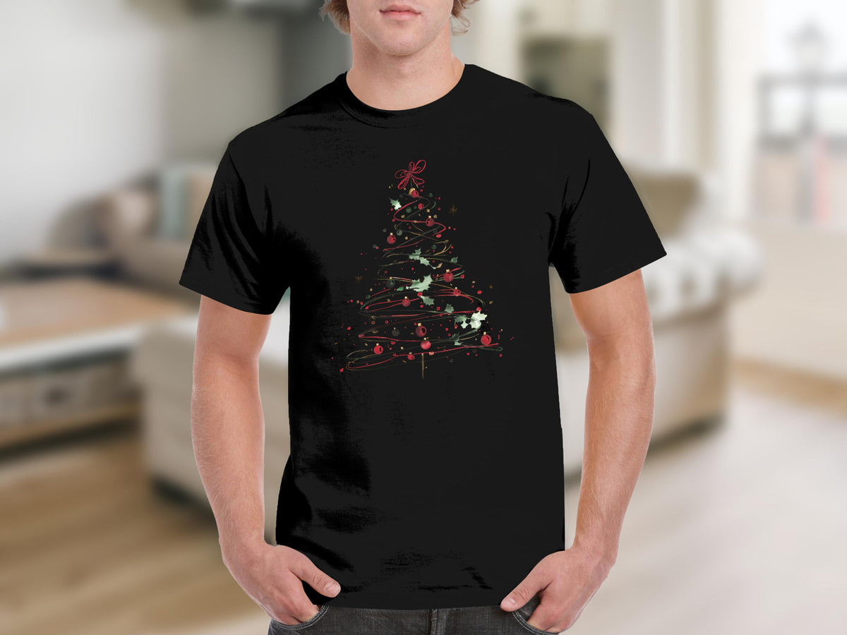 Black t-shirt with a stylized Christmas tree design featuring ornaments and holly.
