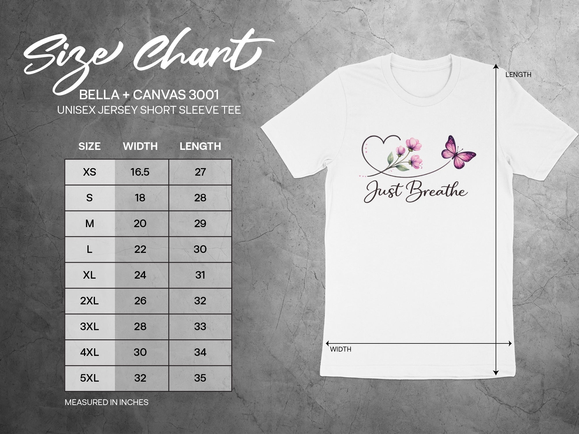 BELLA + CANVAS 3001 unisex t-shirt size chart for width and length measurements.