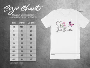 BELLA + CANVAS 3001 unisex t-shirt size chart for width and length measurements.