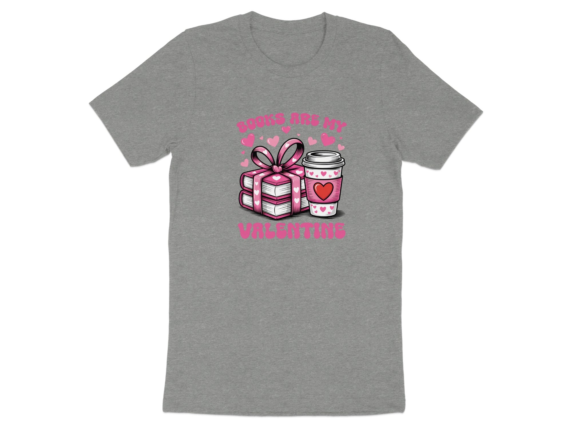 "Books Are My Valentine" text above stacked books and a coffee cup with hearts.