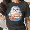 Chubby cartoon seal holding wooden sign with text FOOD LOVER