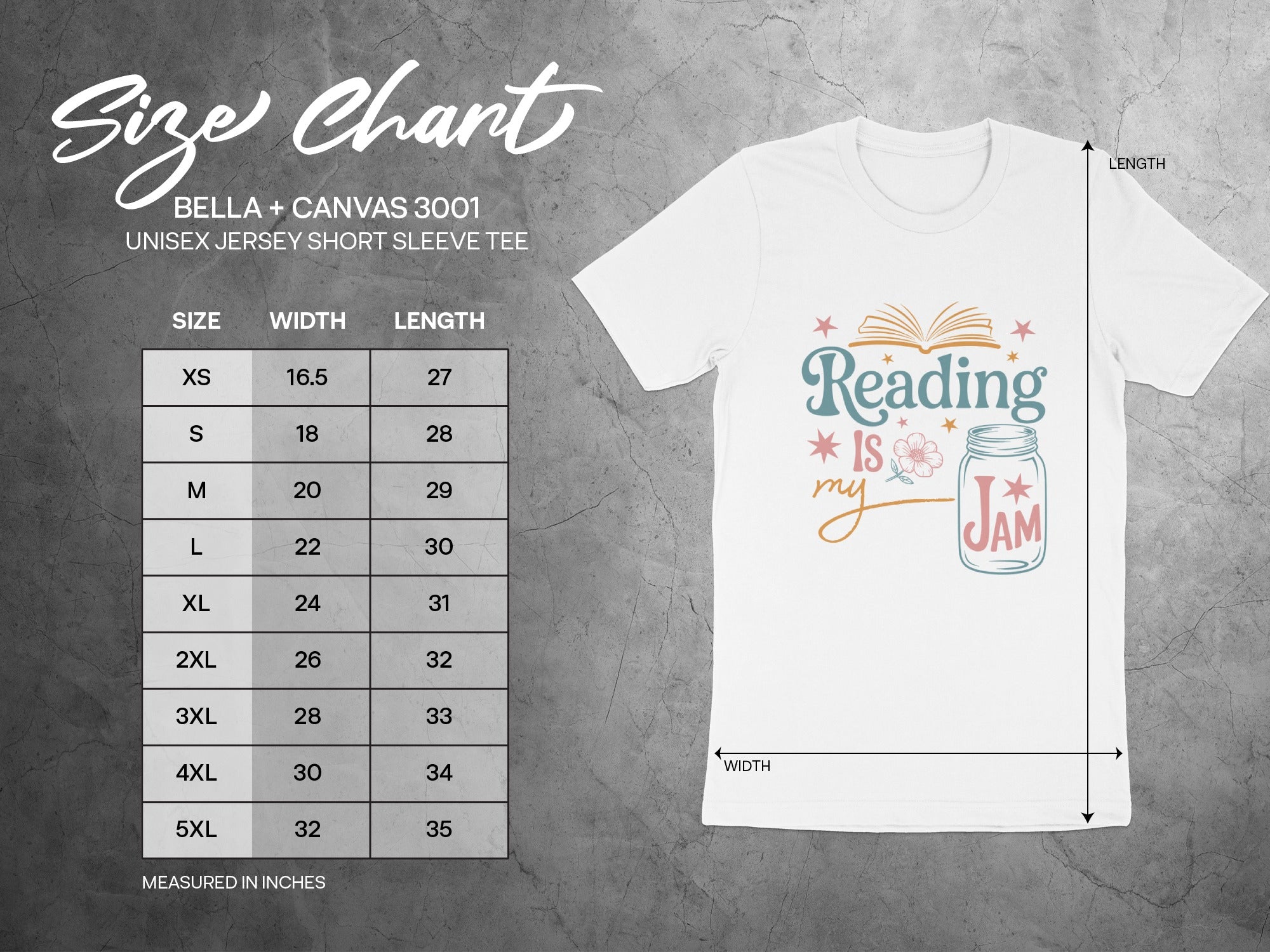 BELLA + CANVAS 3001 unisex tee size chart showing width and length measurements in inches.
