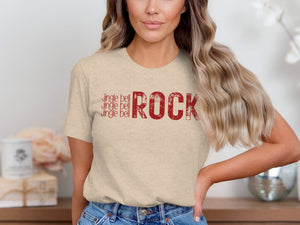 Tan t-shirt with red distressed text "jingle bell" and "ROCK"
