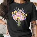 Black t-shirt with watercolor floral bouquet design and twine bow.