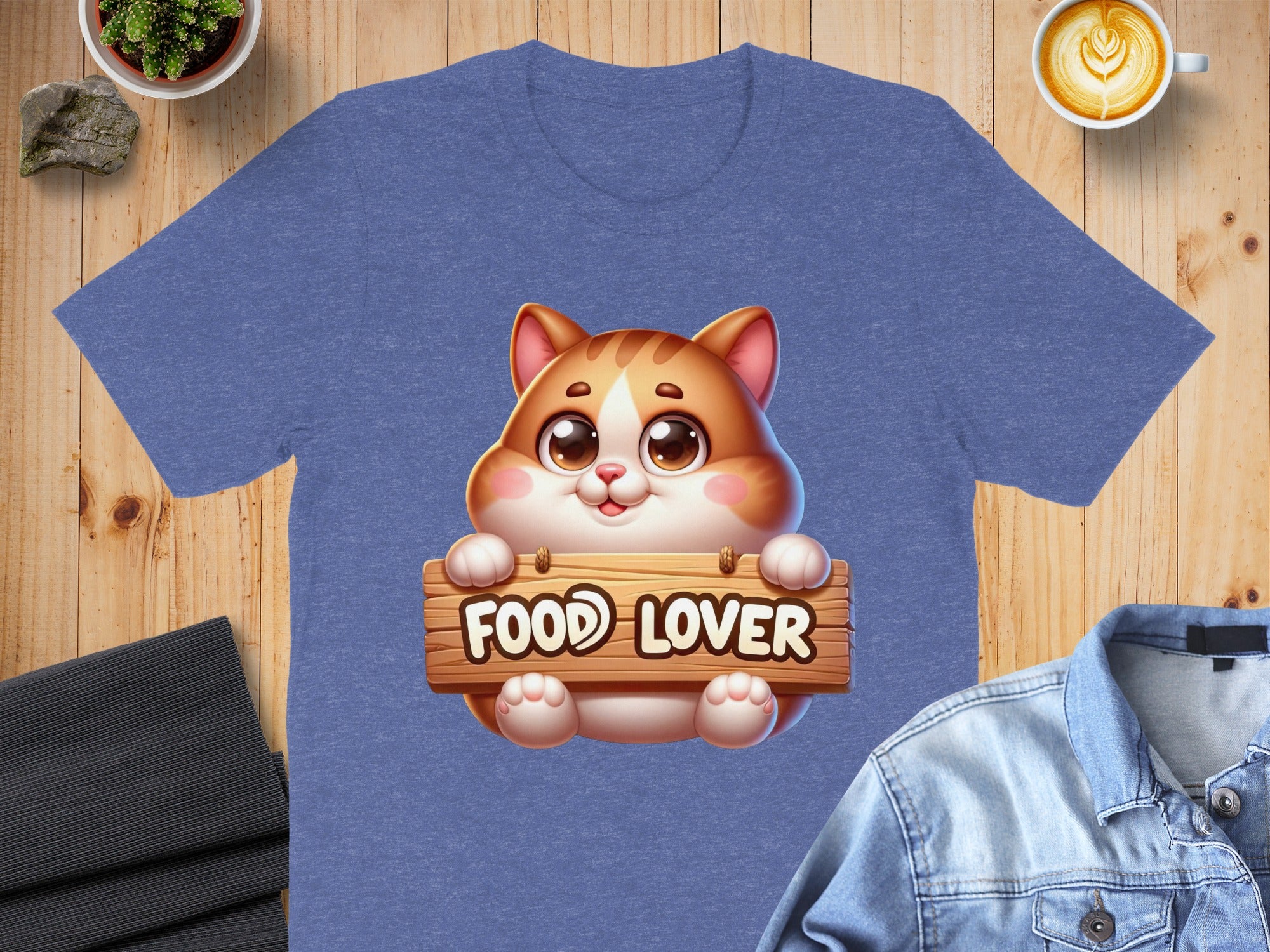 Blue t-shirt with cartoon cat holding a "FOOD LOVER" sign.