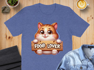 Blue t-shirt with cartoon cat holding a "FOOD LOVER" sign.