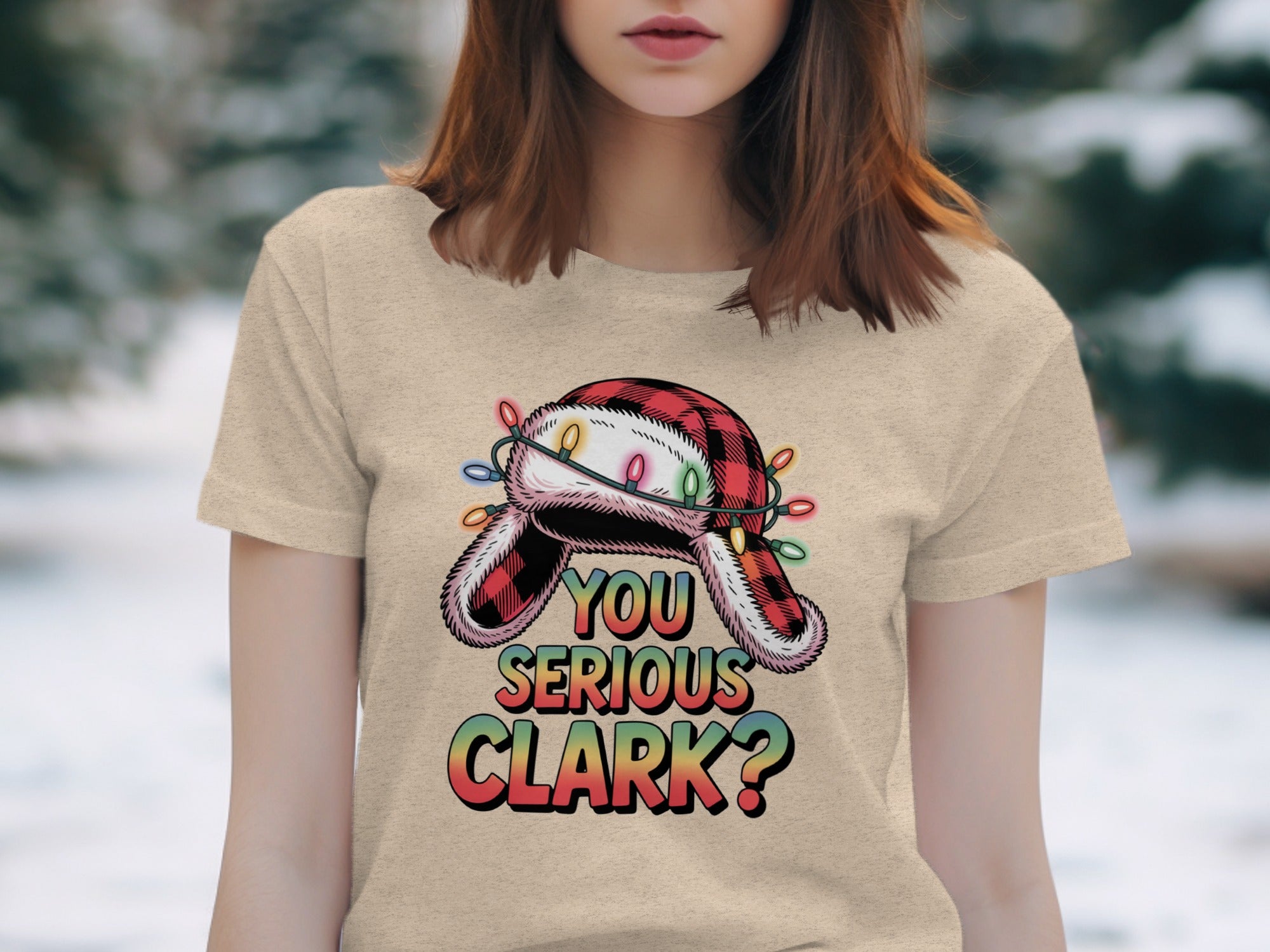T-shirt with a graphic of a checkered hat with Christmas lights and text "YOU SERIOUS CLARK?"