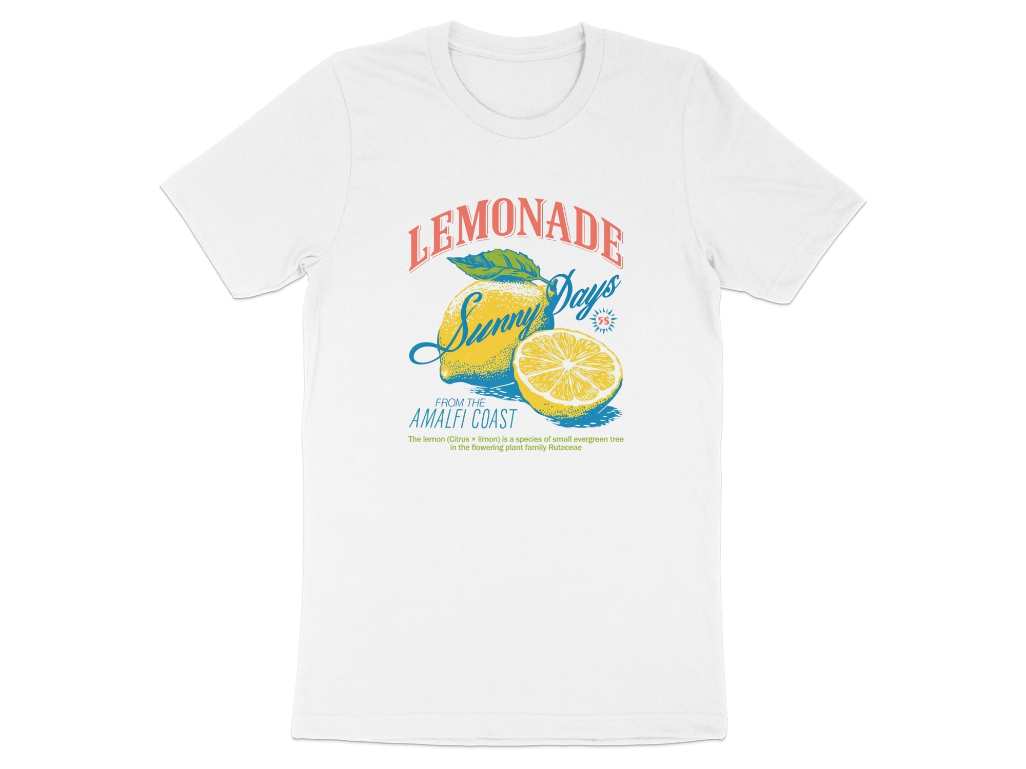 White t-shirt with "Lemonade Sunny Days" text and citrus fruit graphic.