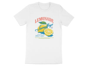 White t-shirt with "Lemonade Sunny Days" text and citrus fruit graphic.