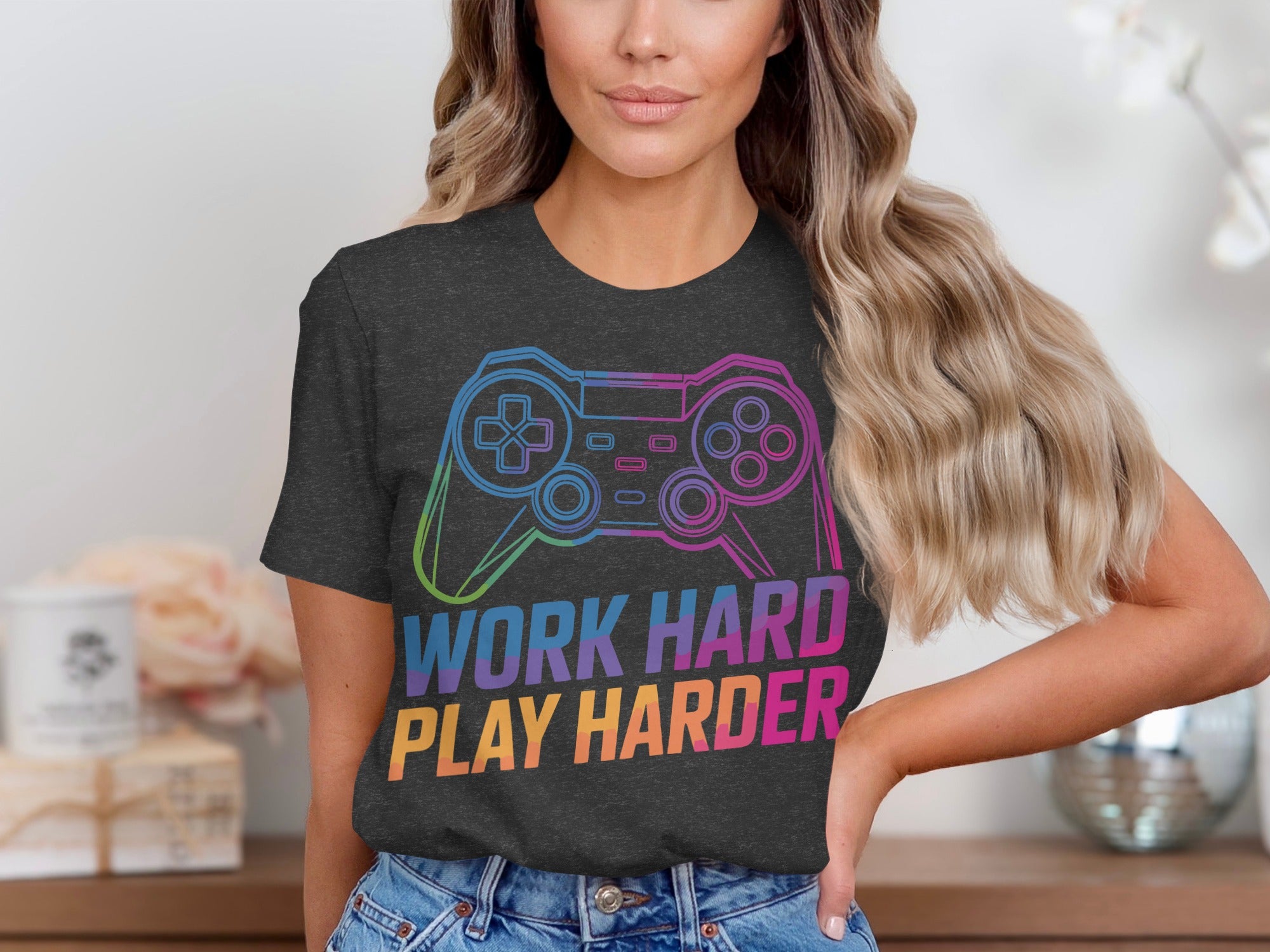 Dark t-shirt with neon gamer controller and text "Work Hard Play Harder."