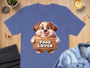 Blue t-shirt with cartoon dog holding a "Food Lover" sign.