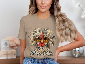 T-shirt graphic of a chicken wearing leopard print sunglasses and a diamond necklace.