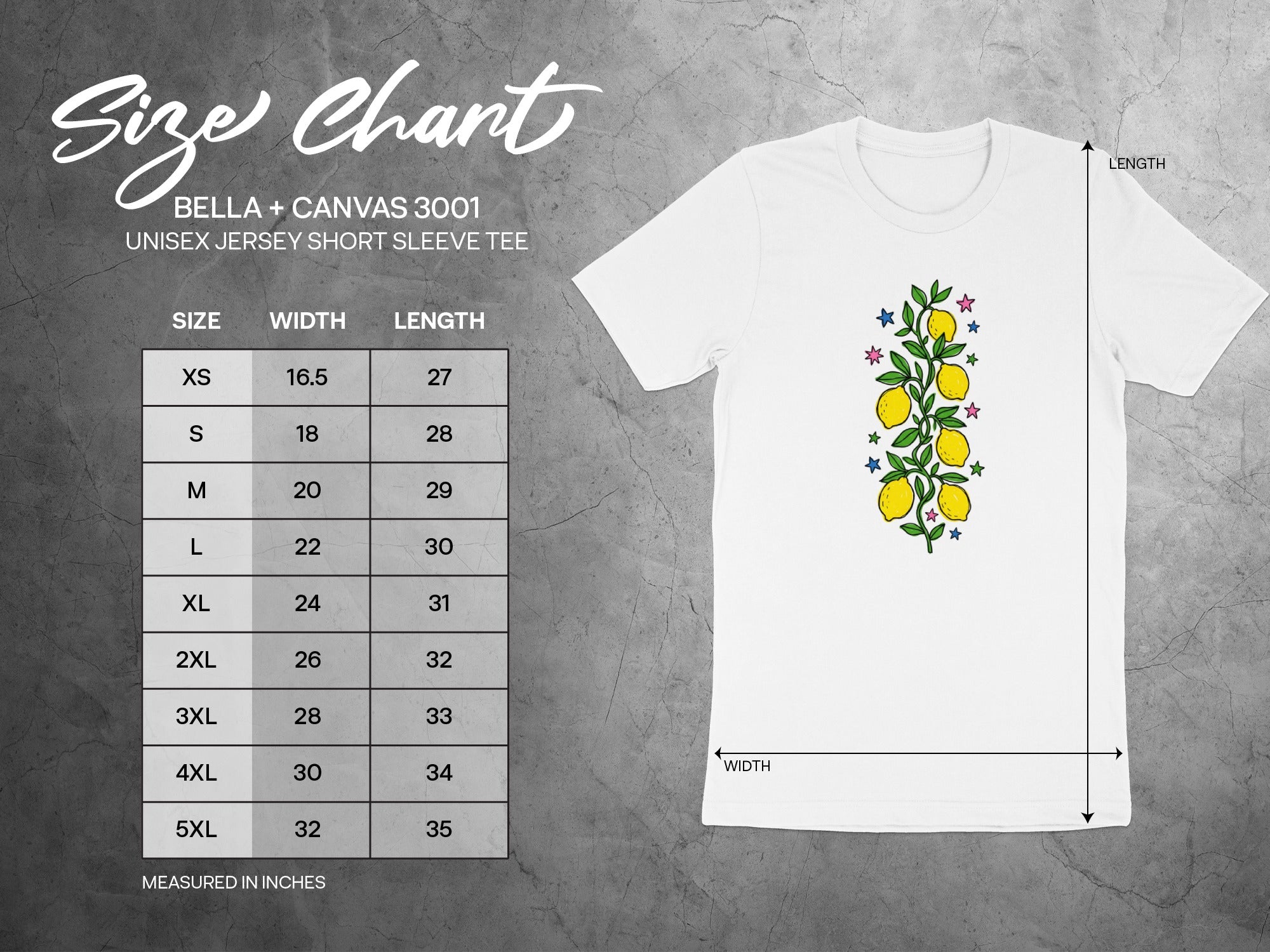 Bella + Canvas 3001 unisex jersey short sleeve tee size chart with lemon graphic.