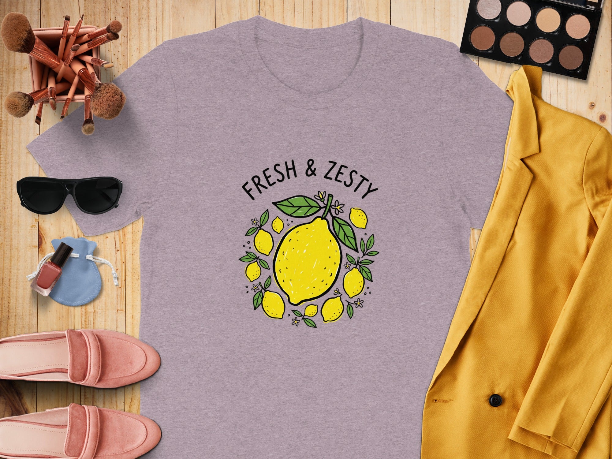 Purple t-shirt with lemon graphic and "FRESH & ZESTY" text.